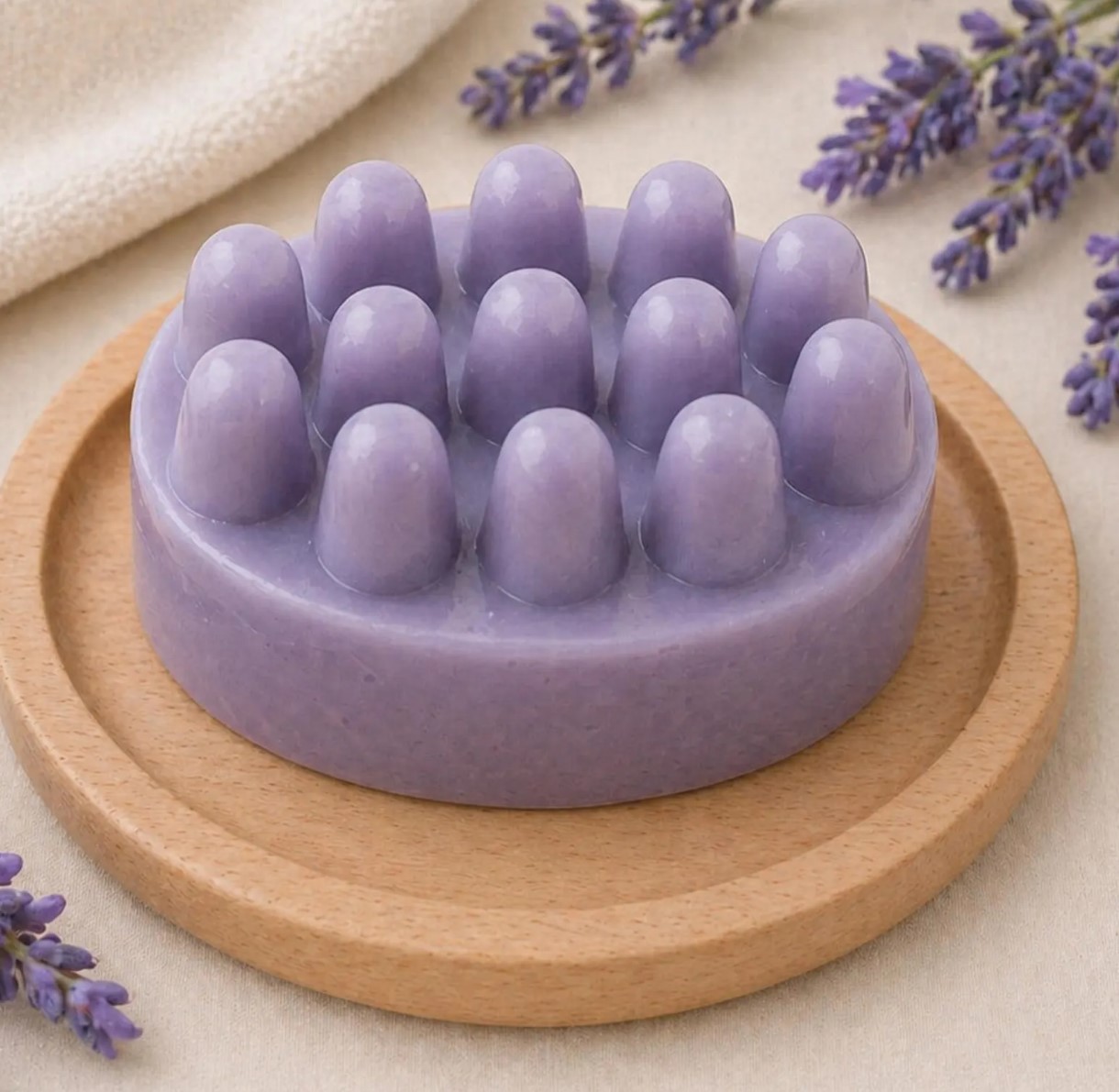 Purple lavender massage soap with rounded nubs on a wooden dish