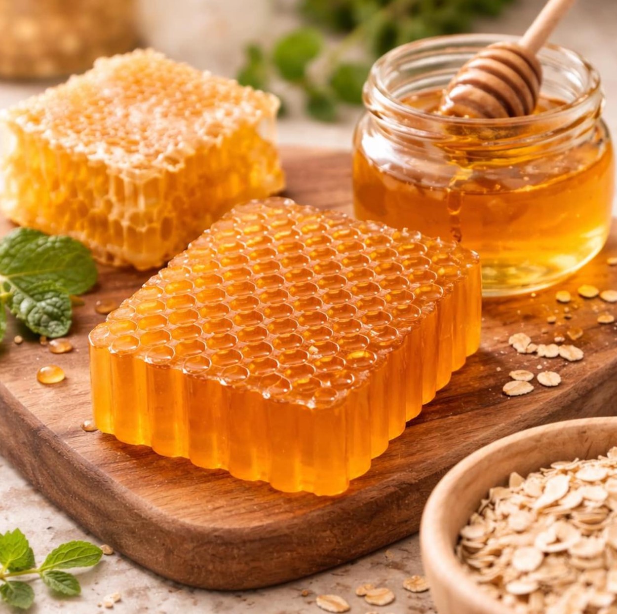 Translucent honeycomb-shaped honey soap next to a honey jar and oats
