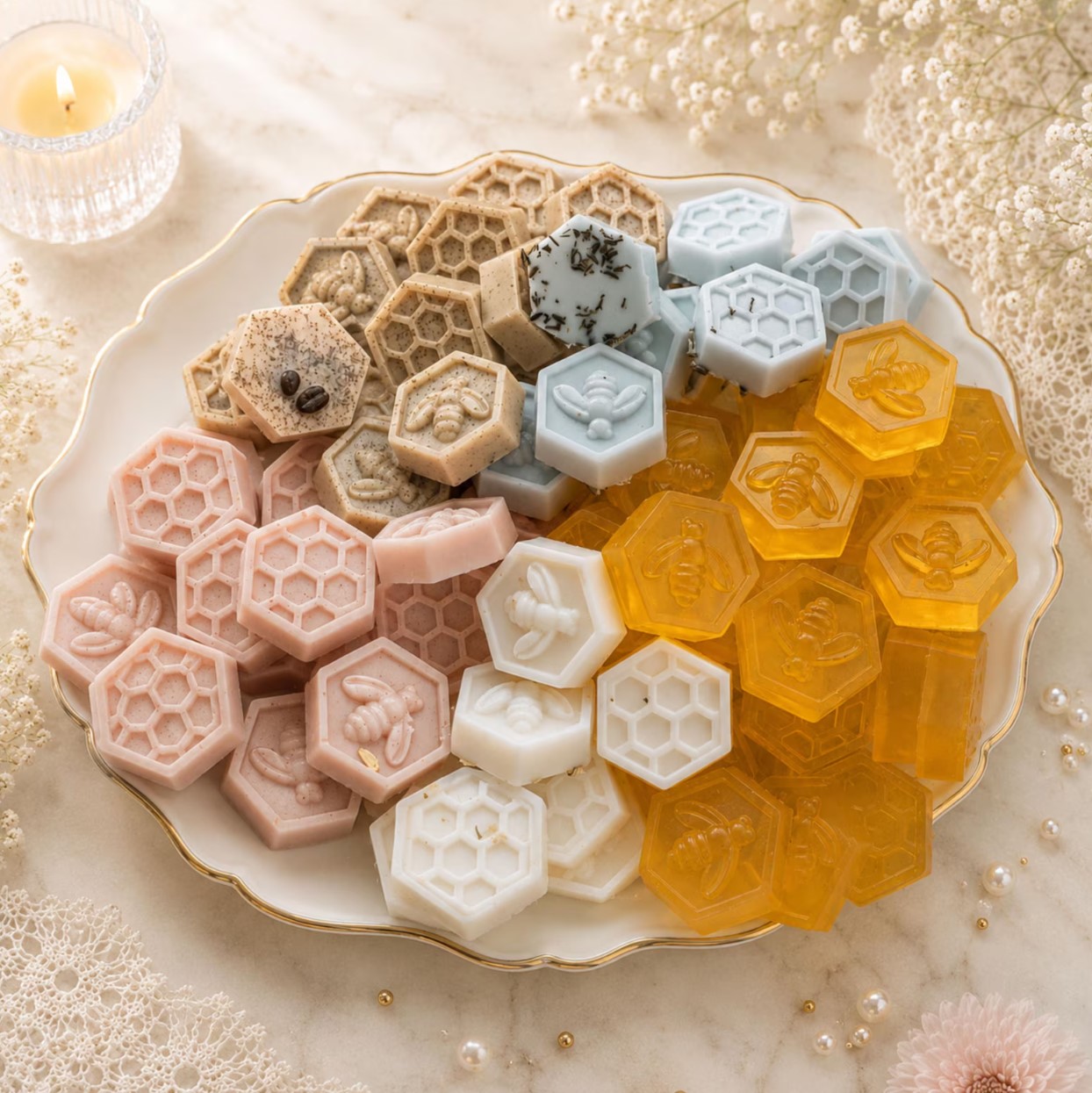 Plate of hexagonal bee soaps in pink, white, blue, coffee and clear honey colours