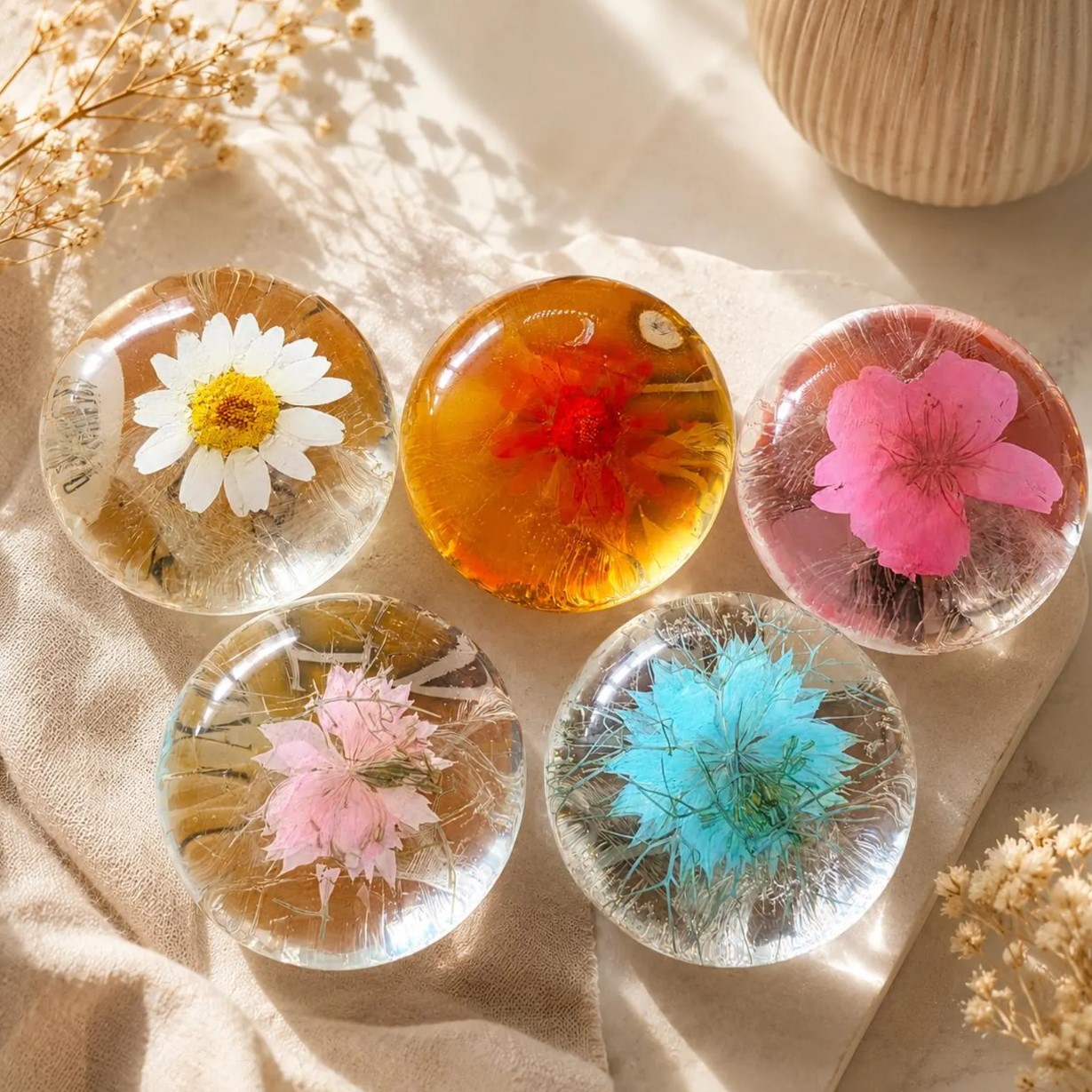 Round transparent glycerin soaps with a pressed daisy, red flower, pink blossom and blue cornflower inside