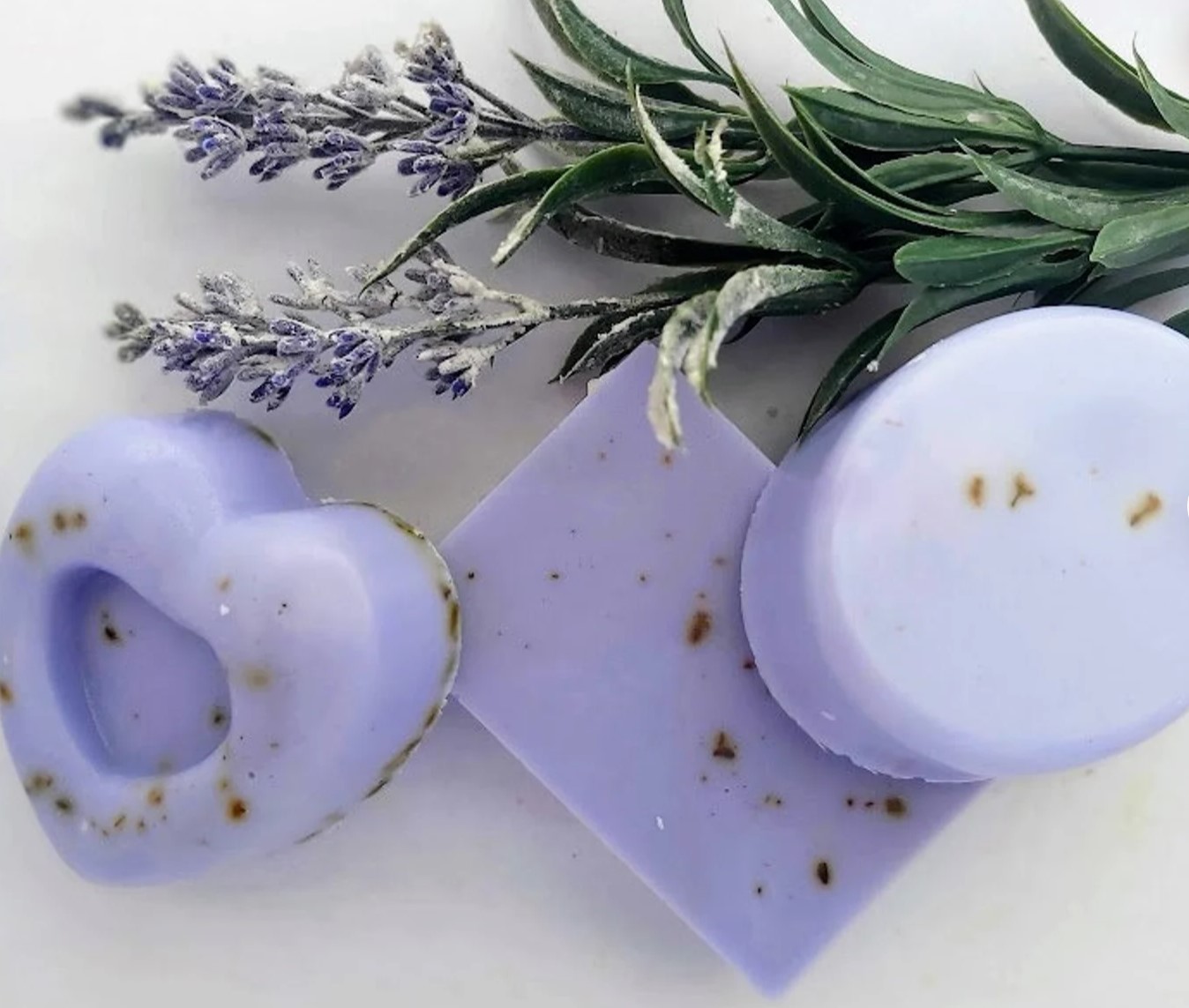 Lavender soap in heart, square and round shapes with lavender sprigs