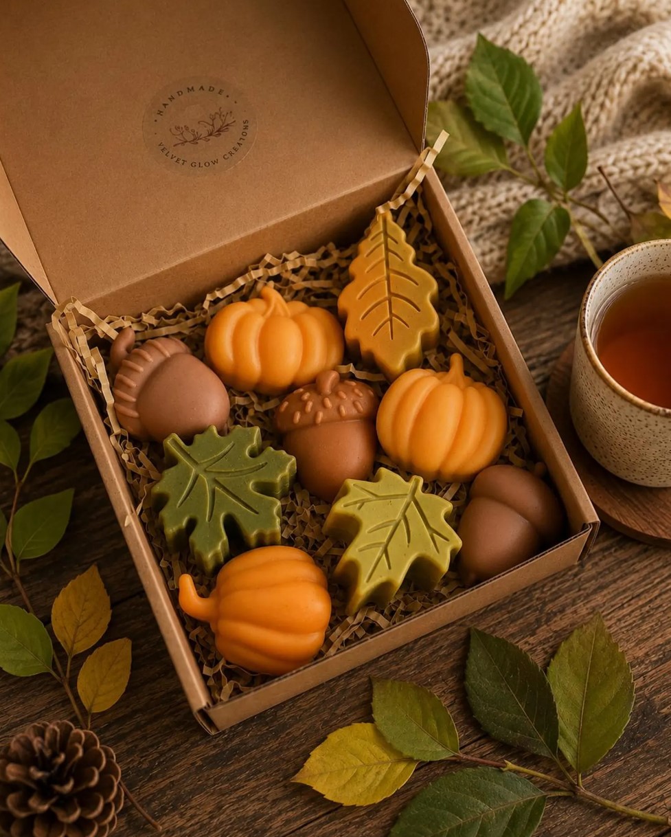 Autumn soap gift box with pumpkin, acorn and maple leaf shapes next to a cup of tea